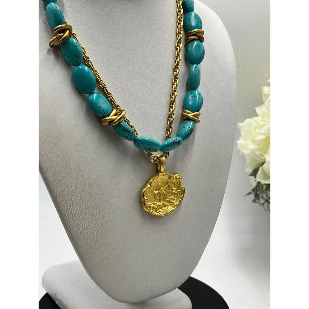 Susan Shaw Gold Tone Faux Turquoise Stone Equestrian Medallion Necklace 17-20